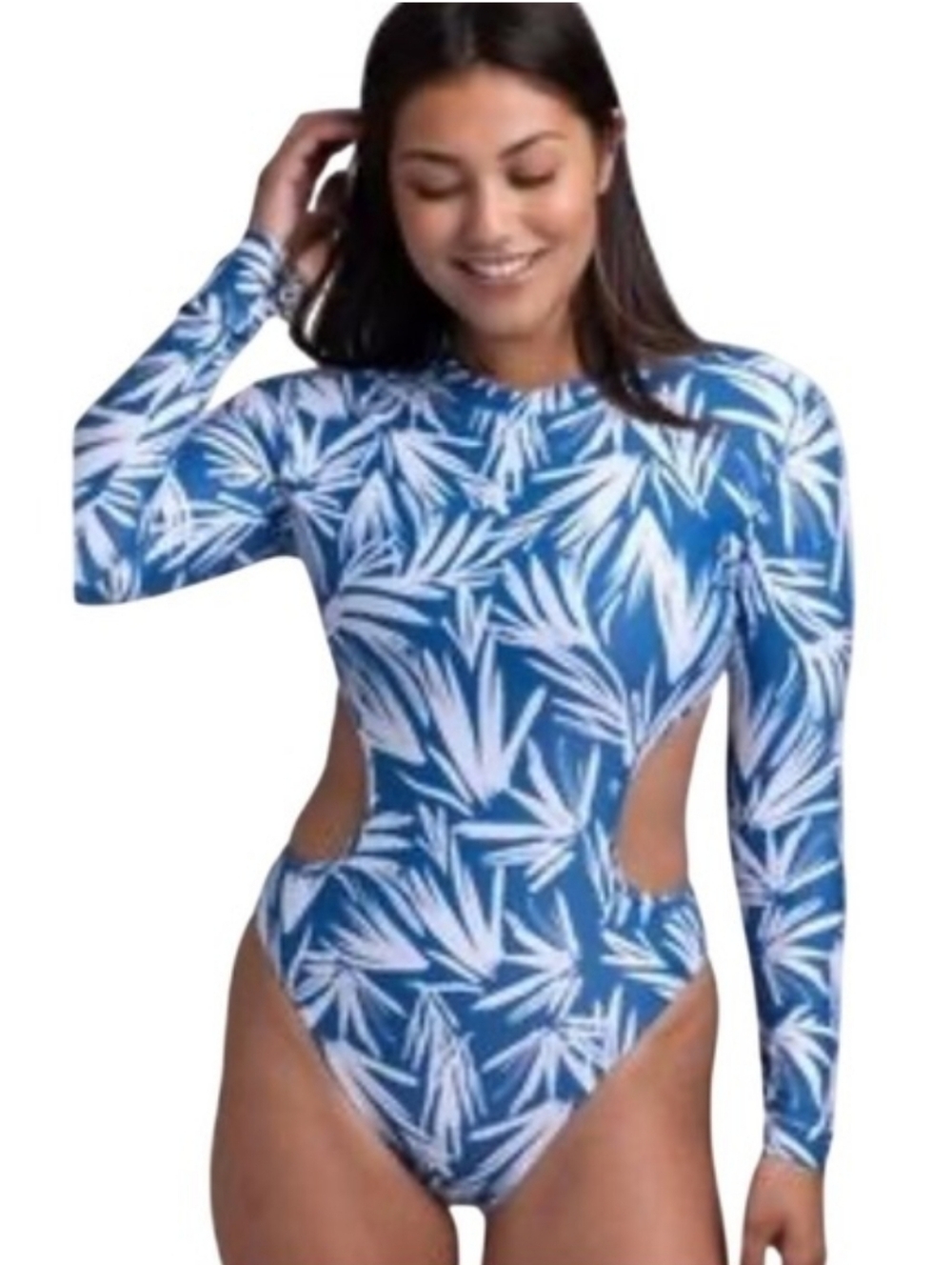JOLYN Sabrina Blue and White Tropical Cutout One-Piece Swimsuit